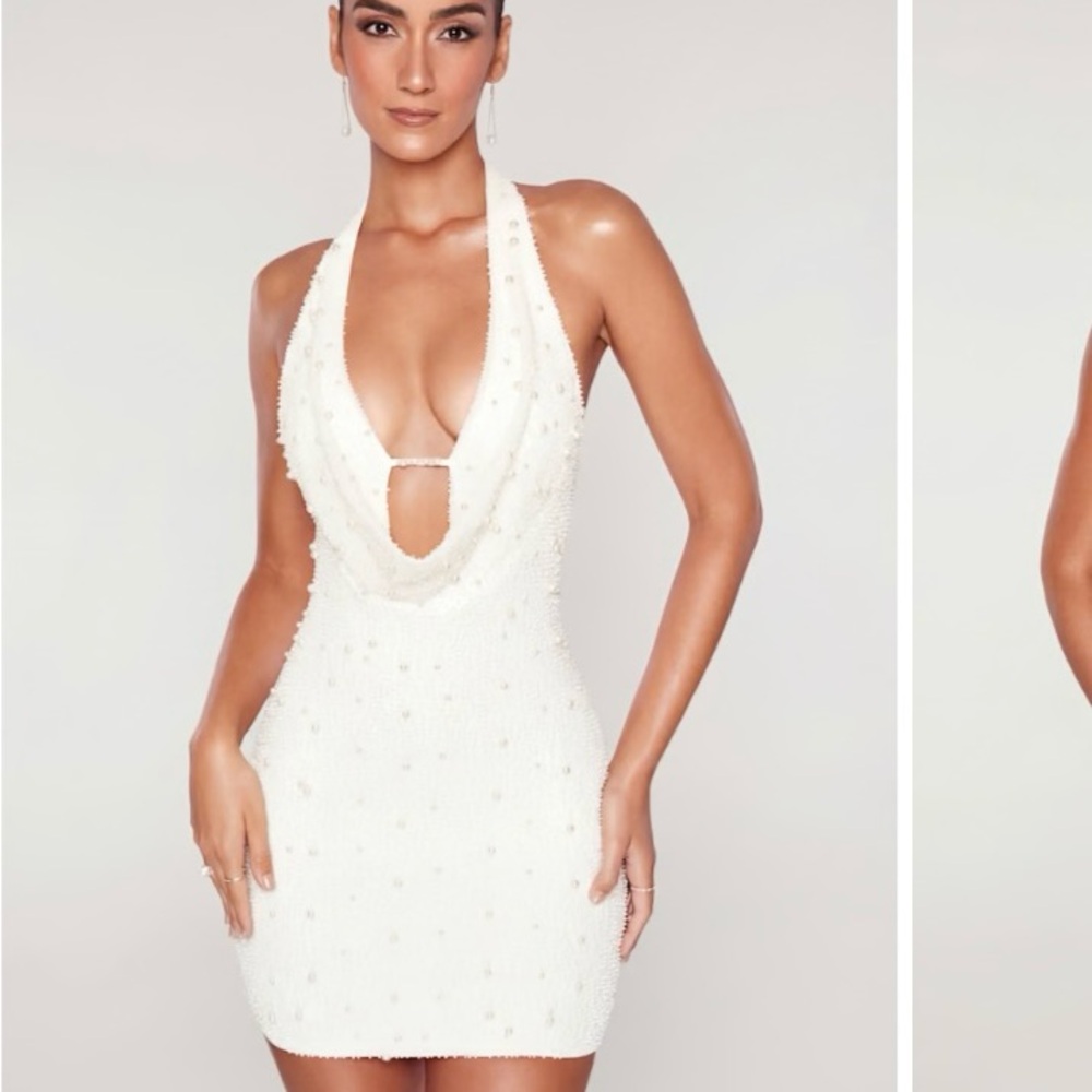 Oh Polly Versailles Deep Plunge Embellished Mini Dress in White